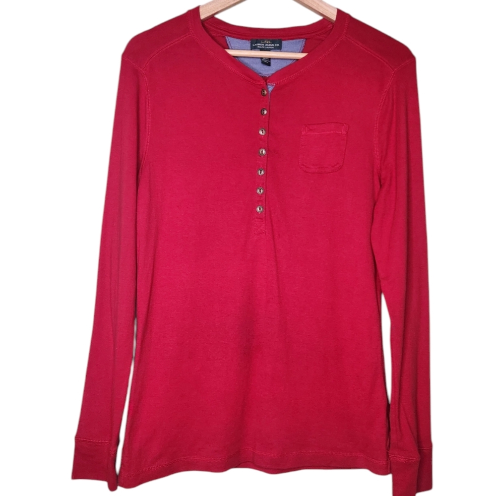 Lauren Ralph Lauren Y2K Henley Top Large Fitted Red